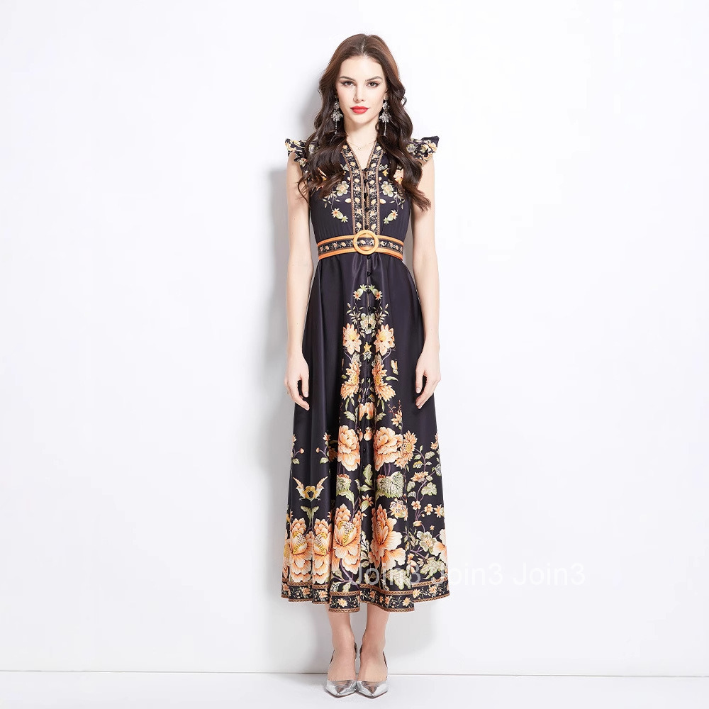 2657 Spring New Ethnic Style Elegant Printed Small Flutter Sleeve Flared Dress