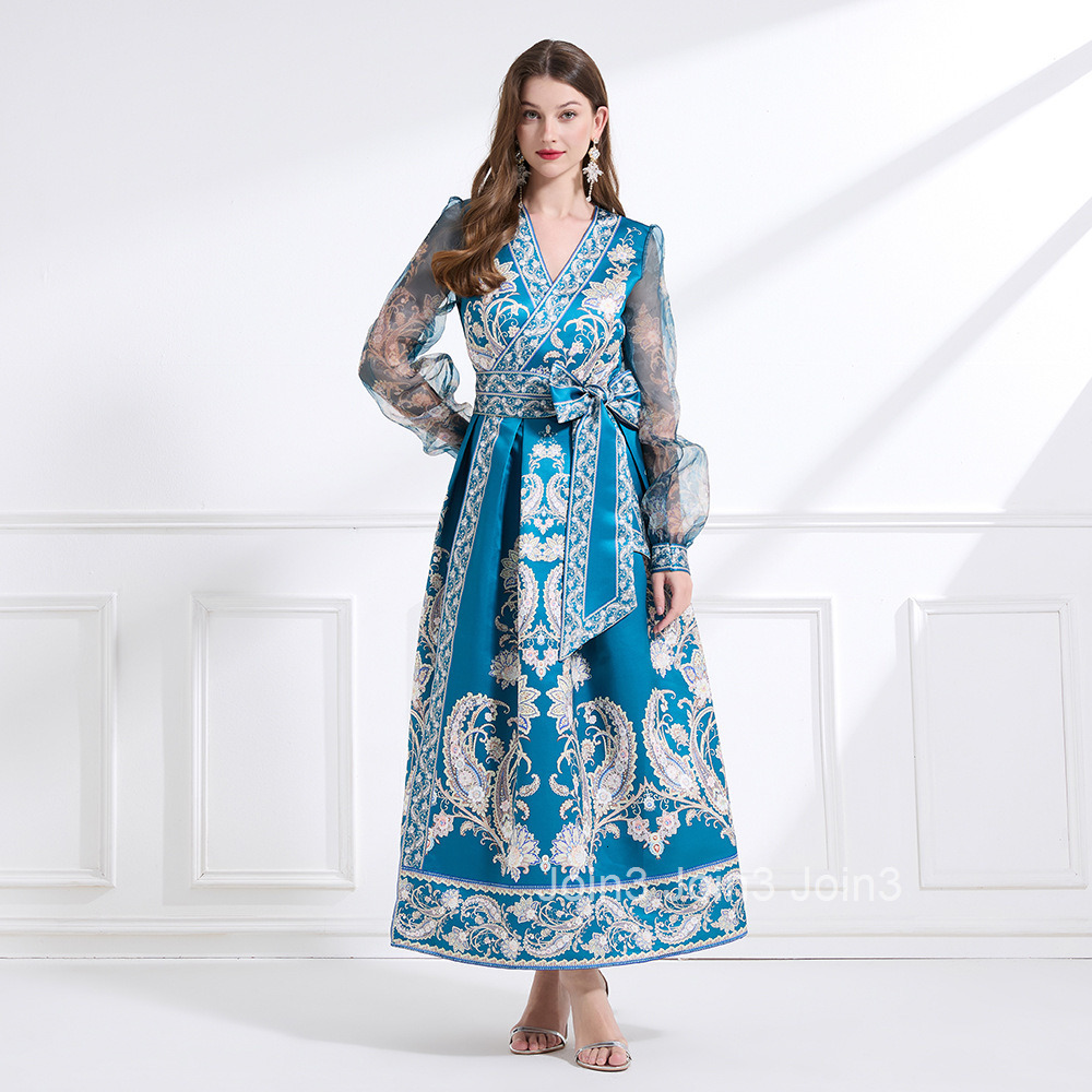 2179 Spring Holiday Style Tie Wrap Dress Lantern Sleeve Cross Neck Printed Flared Long Dress