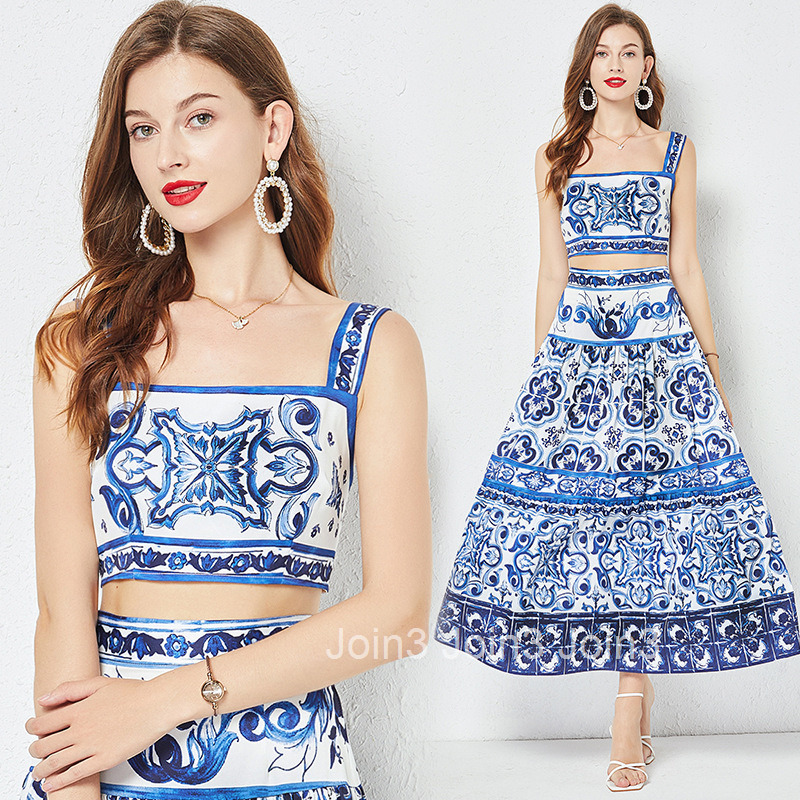 516 Summer Blue and White Porcelain Printed Set Womens Three Dimensional Belt with Chest Cushion Short strapless Strap and Hundred Fold Half Skirt Two