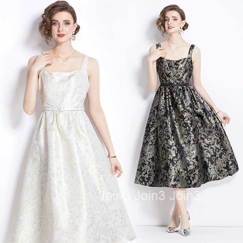 6899 Summer New Womens Jacquard Waist-Cinching Strap Puff Dress Elegant Gown Dress