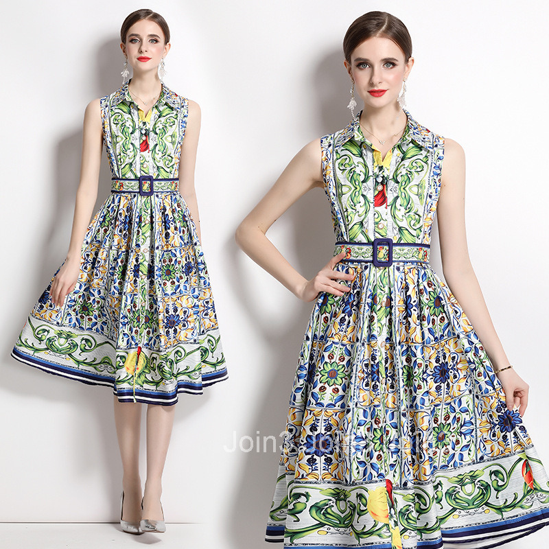 2299 summer new womens printed slimming and waist cinching temperament sleeveless large swing mid length dress