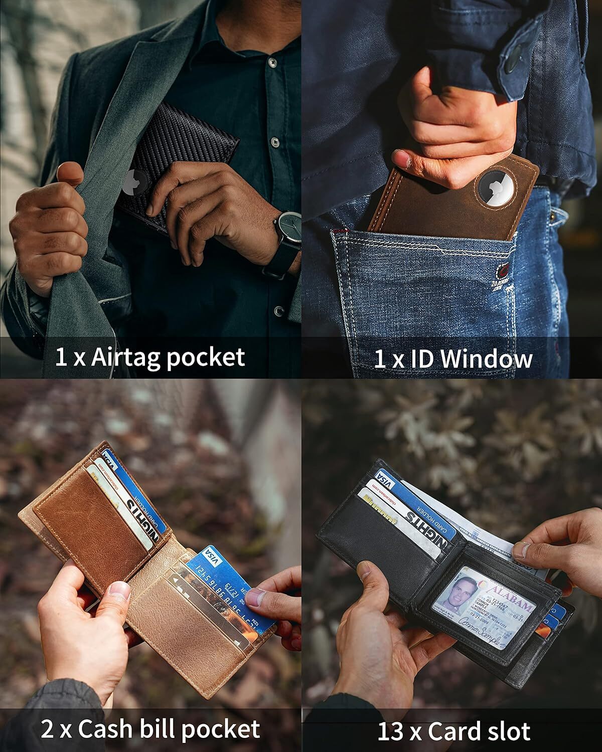 YMX 965 921 Mens Wallet With Holder, Bifold Leather RFID Blocking 1-2 ID Windows 12-13 Card Holders, Gift Box and Screen Protector Included, AirTag No