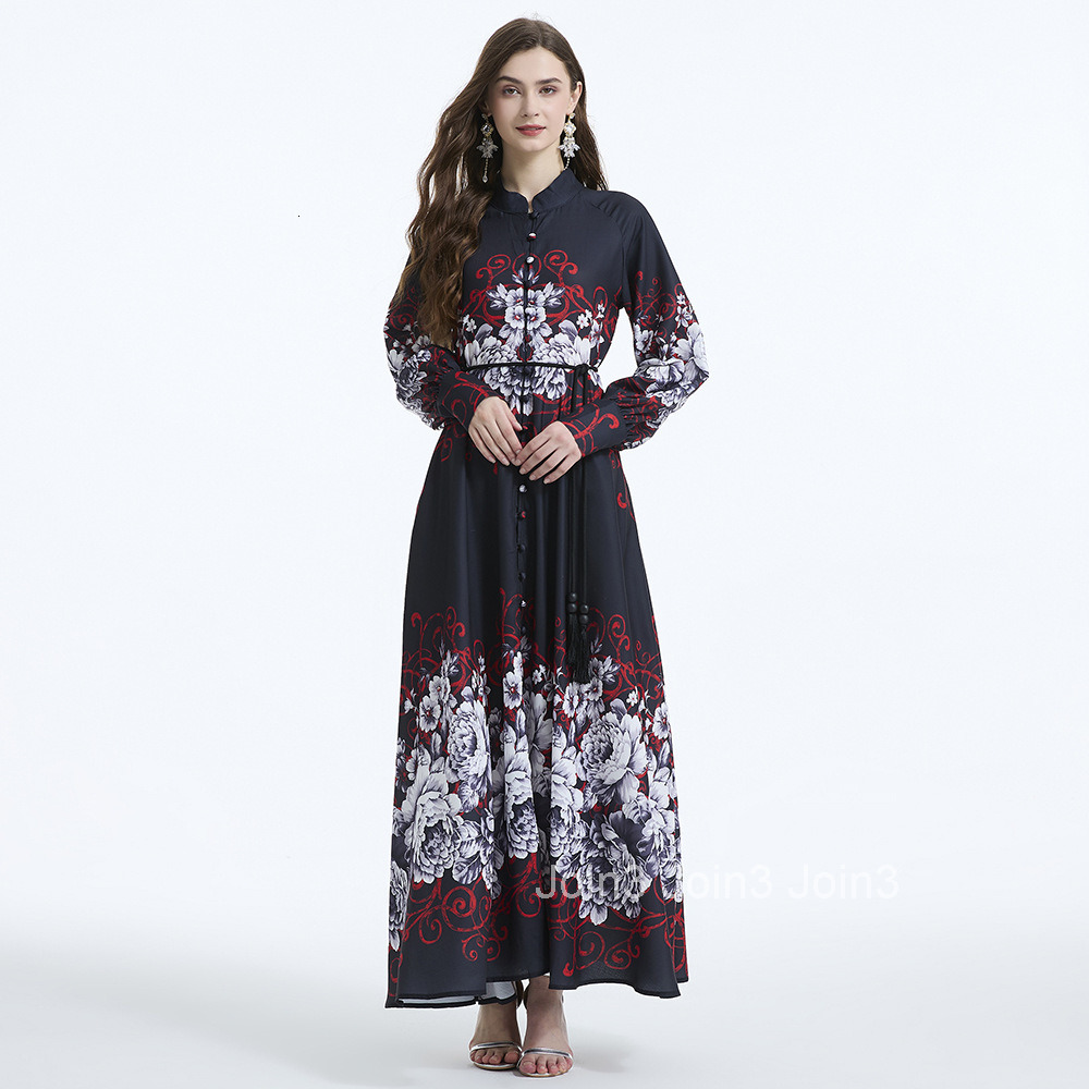 2100 Spring and Autumn New Womens Clothing Elegance Style Lantern Sleeve Printed Stand Collar Waist-Cinching Long Dress