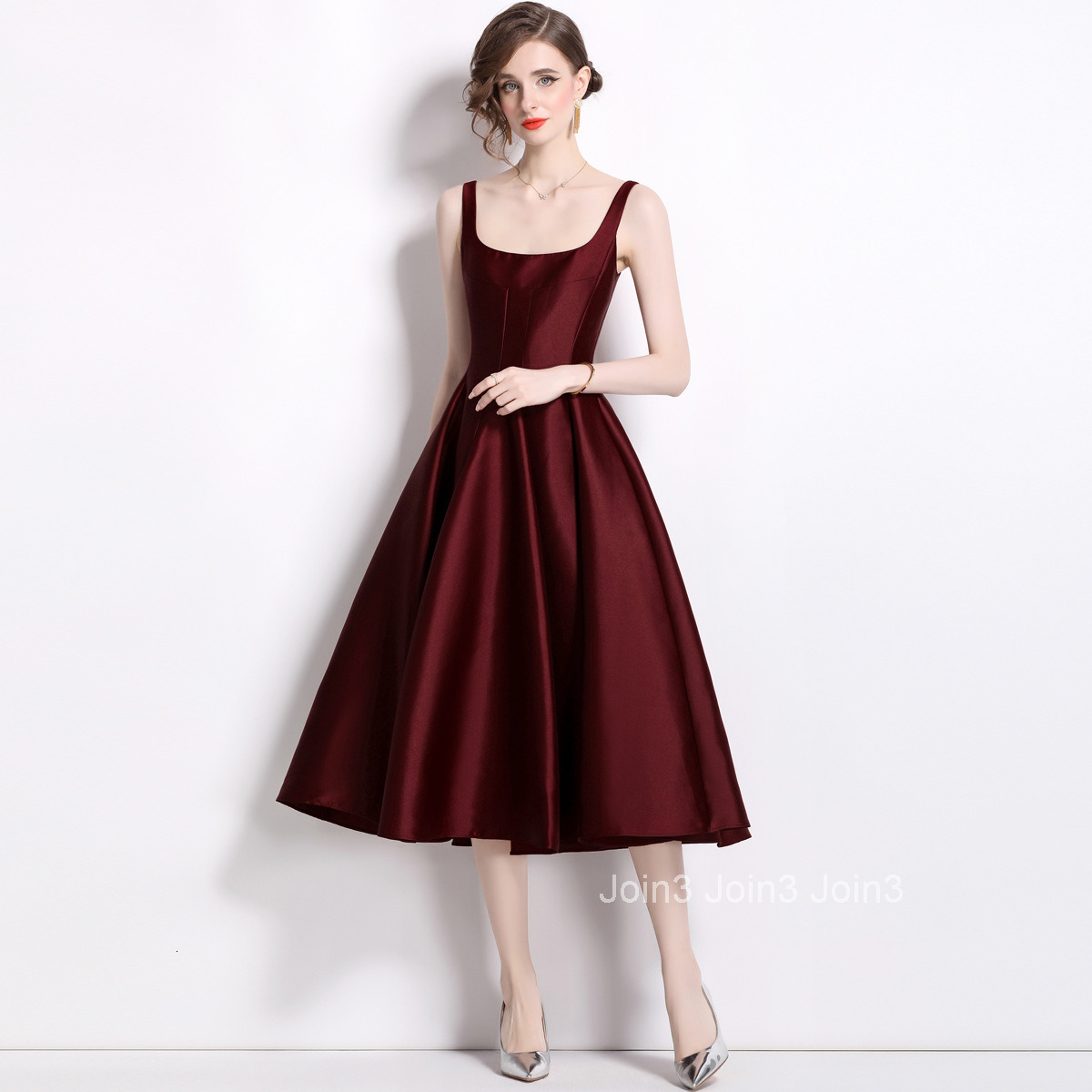 882 Summer New Womens Fashion Elegant Waist-Cinching Slimming Maroon Dress Strap Flared Long Dress