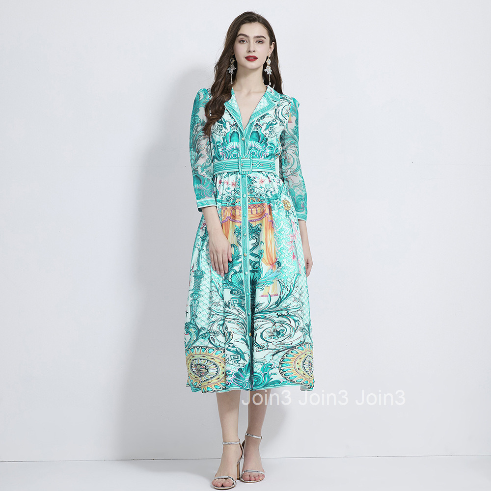 2107 Autumn New Womens Fashion Vacation Style Printed Blazer Collar Waist-Cinching Long Dress