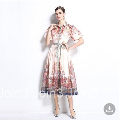 1235 spring/summer new style lapel slim fit bubble sleeve printed two-piece dress