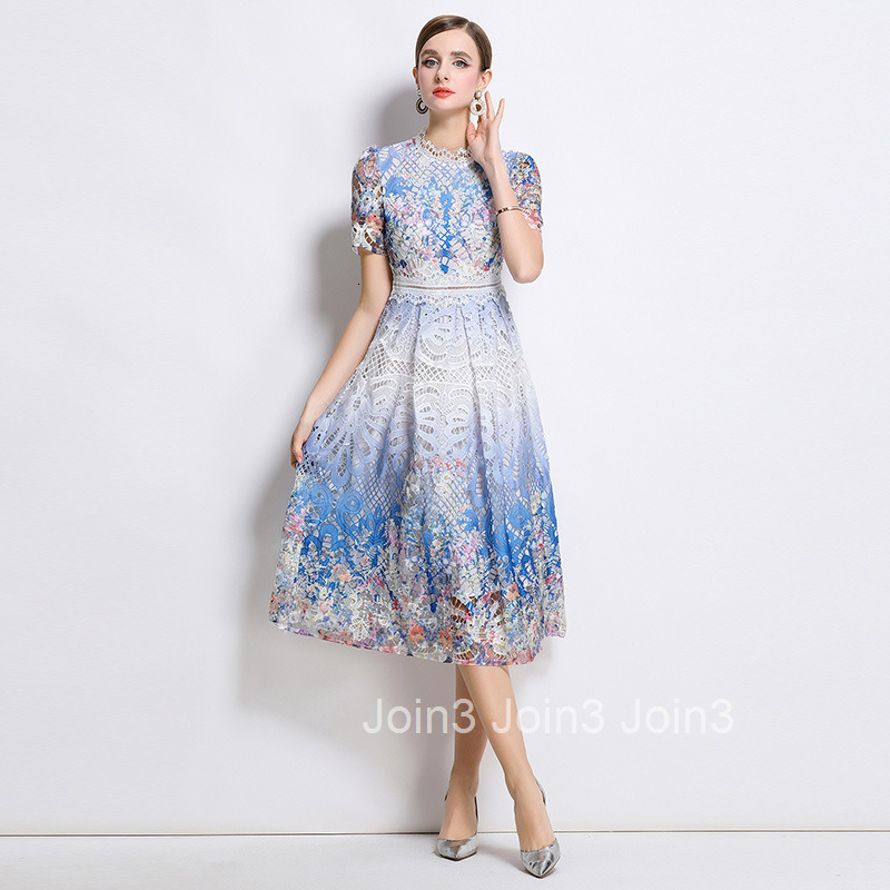 706 Fashion Slimming Hollow Water-Soluble Lace Positioning Printed Mid-Length Dress