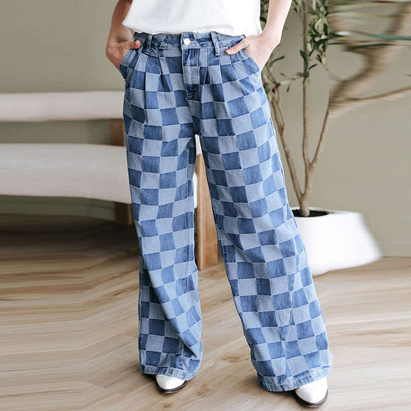 Trendy Plaid Print Jeans 2025 Autumn New High Waist Loose Wide Leg Pants for Women