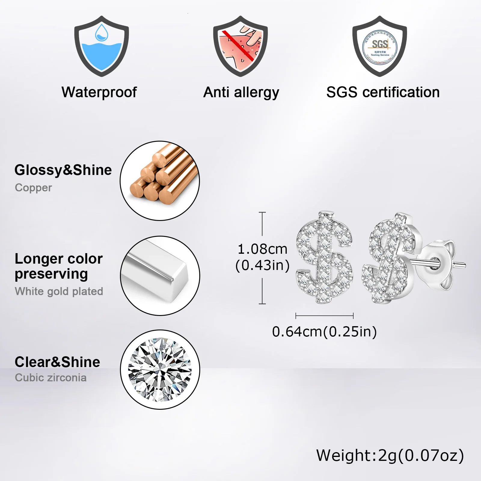 Dollar Sign Stud Earrings for Men BoysIced Out Zircon Stainless Steel EarringsHip Hop Rap Cool Jewelry Gifts 250715