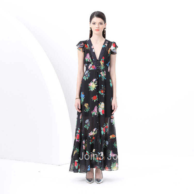 6092 Early Spring New Womens Fashion V-neck Flared Long Dress Elegant Floral Dress Two-piece Set