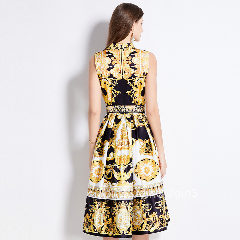 2508 Summer New Womens Printed Turn-down Collar Slim Waist Elegant Flared Midi Dress