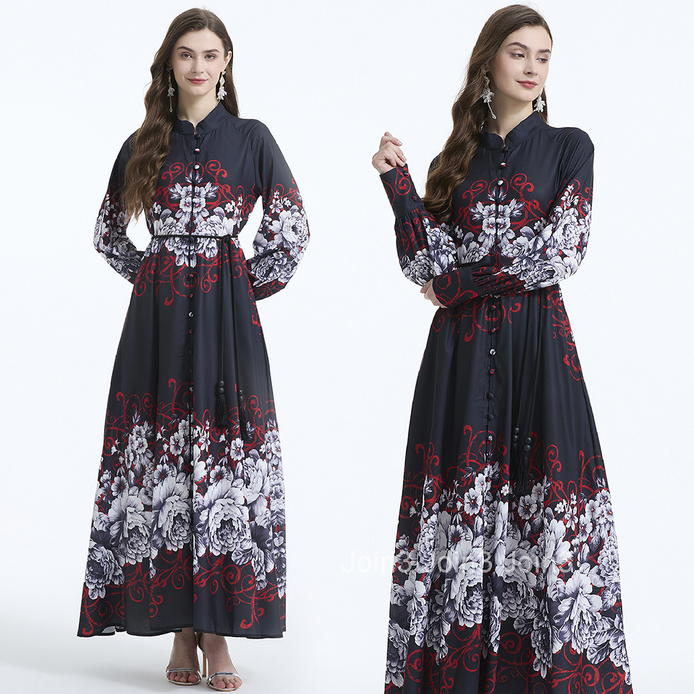 2100 Spring and Autumn New Womens Clothing Elegance Style Lantern Sleeve Printed Stand Collar Waist-Cinching Long Dress