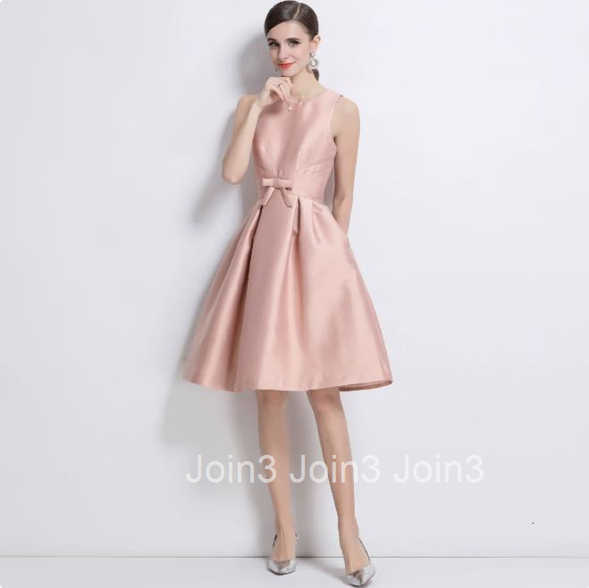 6884 Bowknot Satin Dress French Style Elegant Slim Mid-Length Dress
