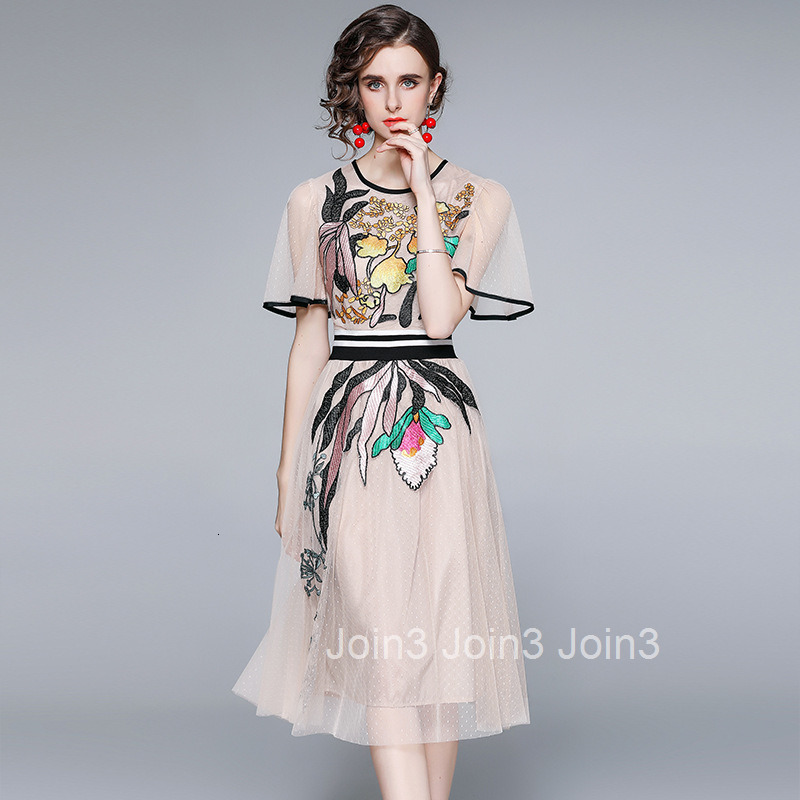 9956 summer womens round neck lotus leaf short sleeve embroidered slim fit waist large swing mesh medium length dress