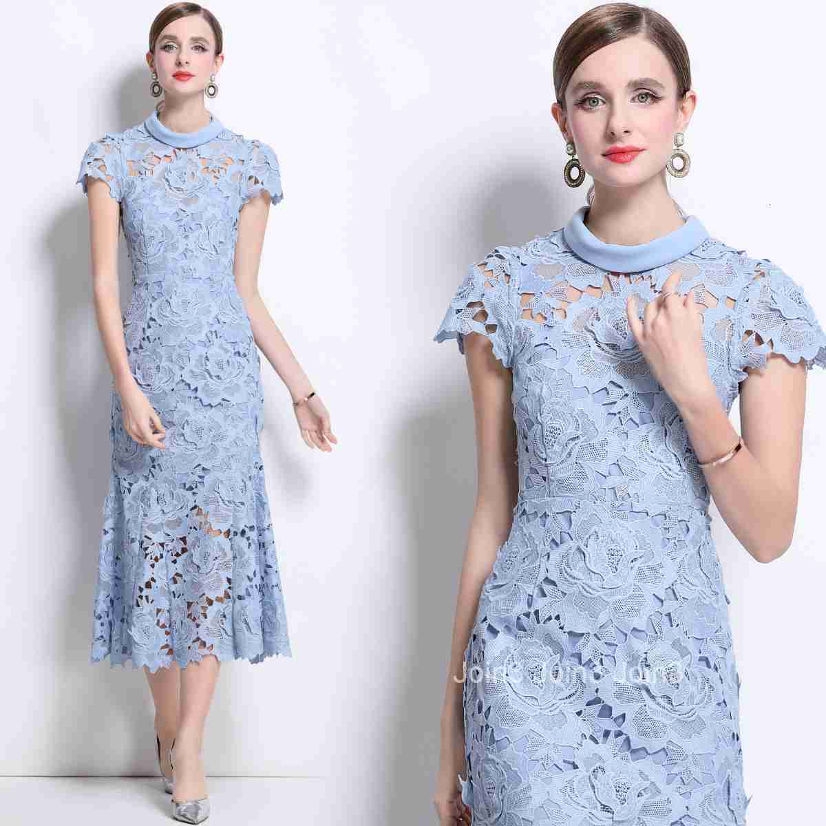 1692 Spring and Summer New Elegant High Neck Round Neck Short Sleeve Water Soluble Lace Dress