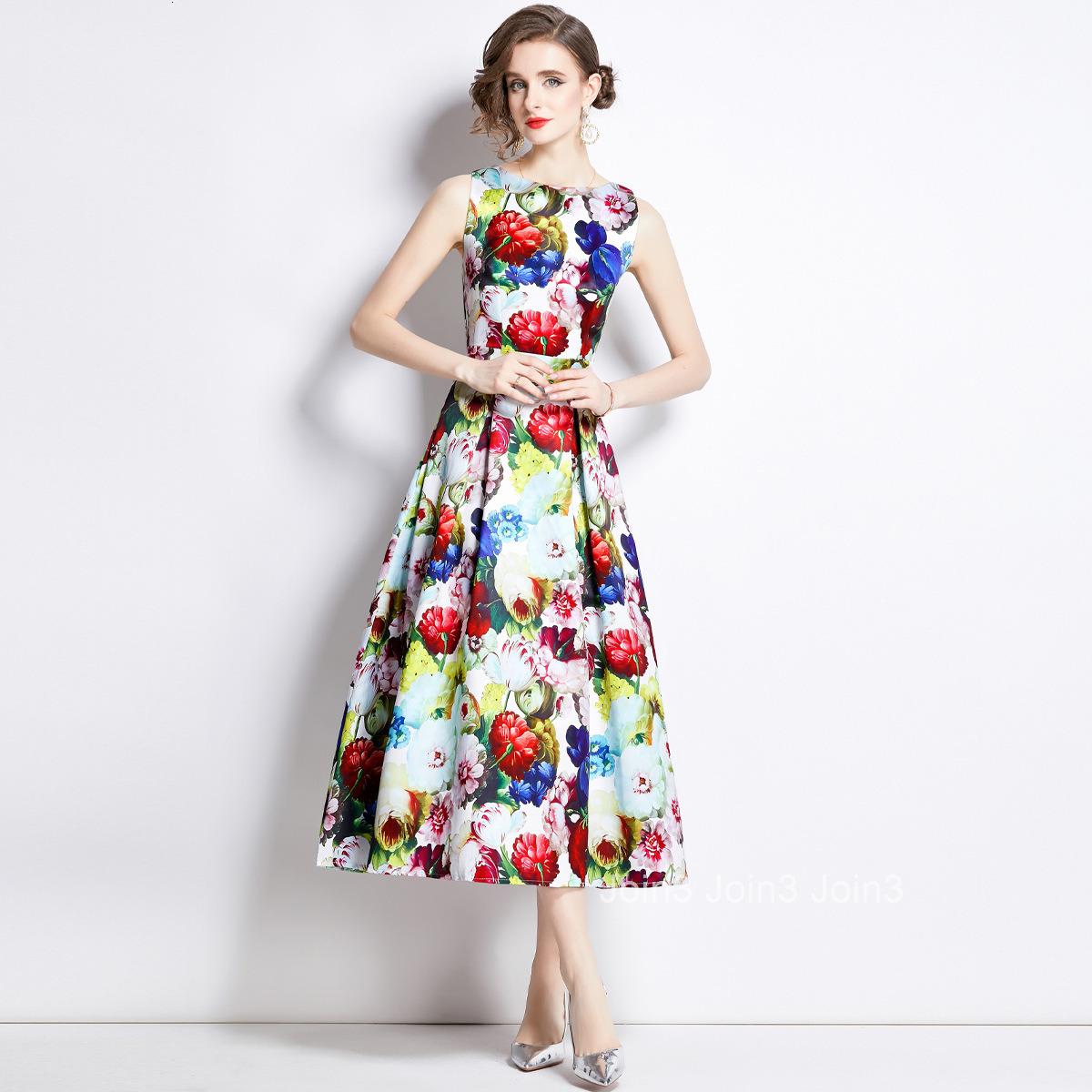 891 Summer New Womens Printed Sleeveless High Waist Dress Slim Waist Flared Long Dress