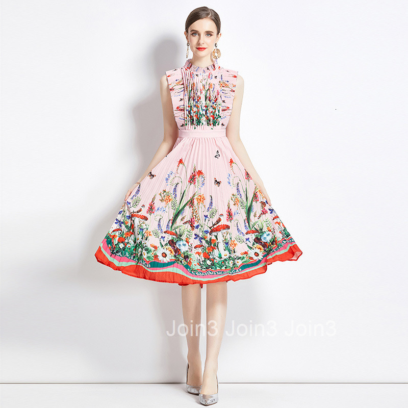 6539 New French Style Elegant Socialite High Waist Slimming Positioning Printed Pleated Dress