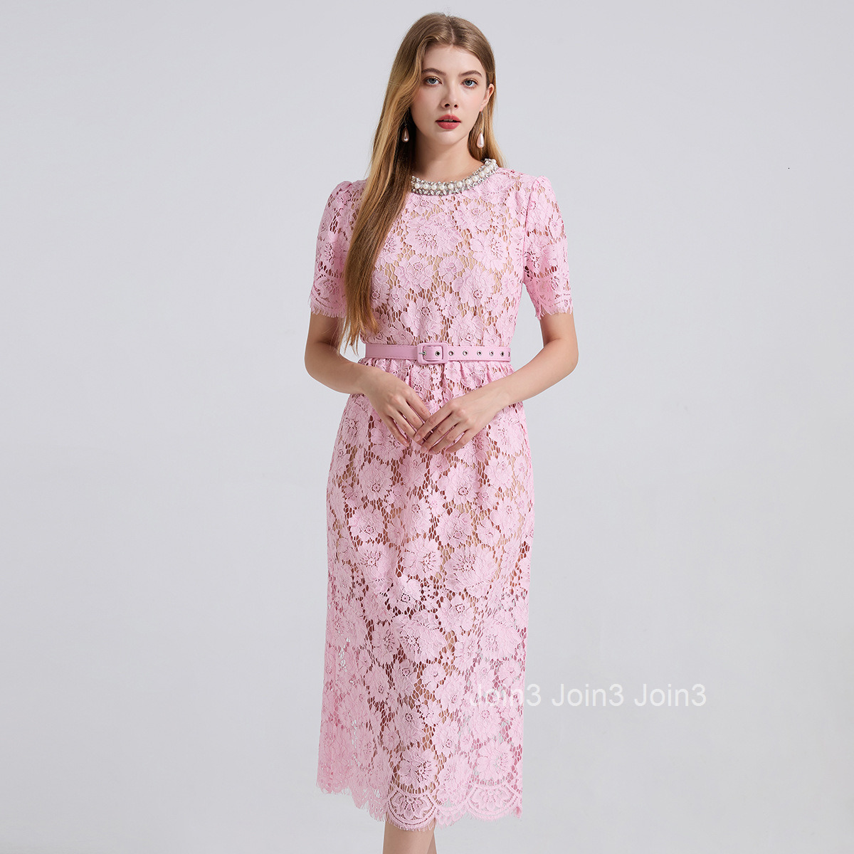 796 Pink Lace Round Neck Rhinestone High Waist Slim Fit Dress Bodycon Eyelash Dress