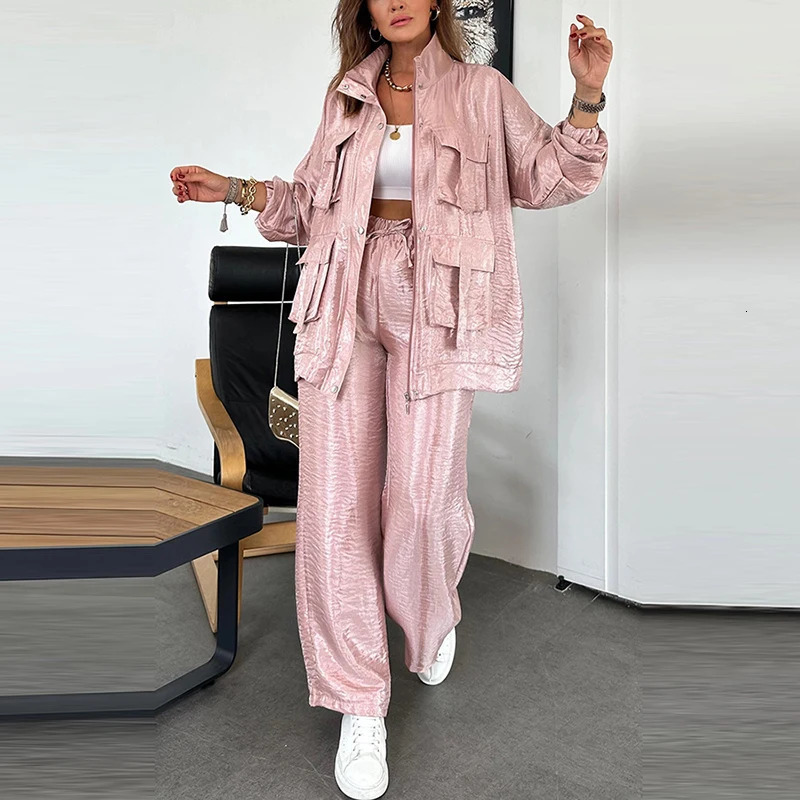 Women Casual Pockets Loose Sport Outfits Fashion Stand Collar Coats Long Pants Suits Elegant Long Sleeve Solid Color 2Pc Sets 250715