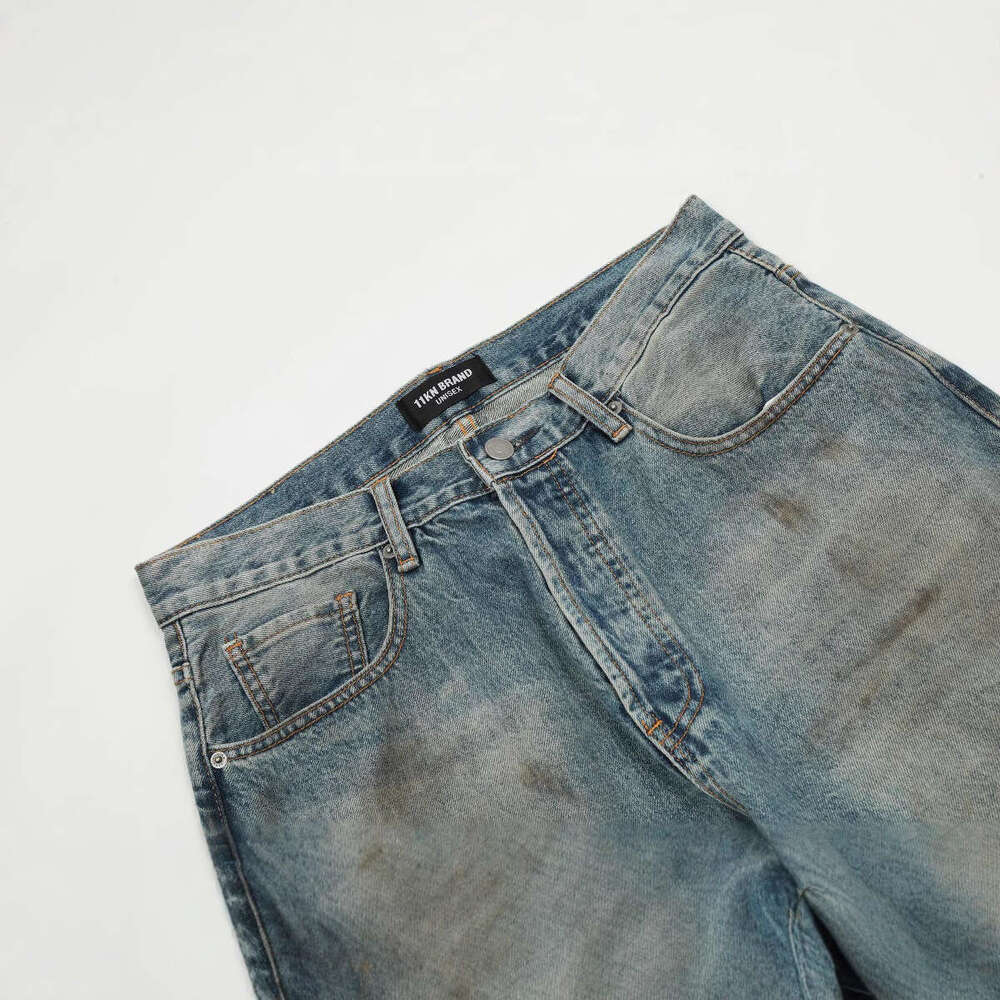 11KN American Style Jeans for Men Women, Washed and Distressed, Straight Leg, Ins Trendy Brand, Loose Fit, Versatile Casual Long Pants