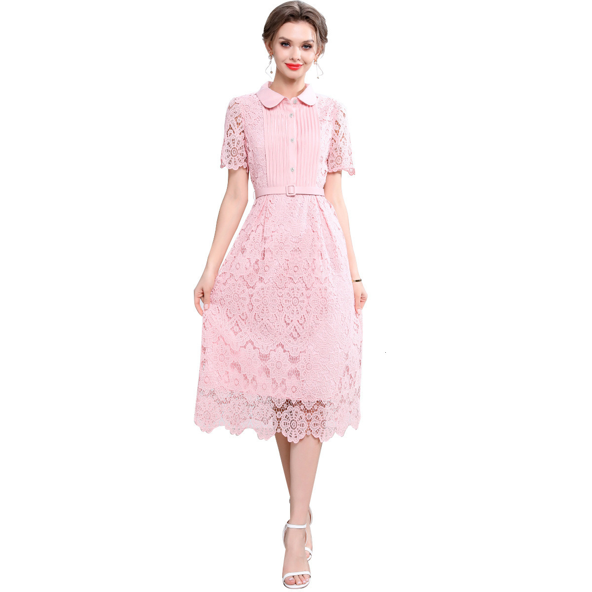 5868 Summer New Womens Long Dress Elegant Slim Waist Hollow Lace Dress