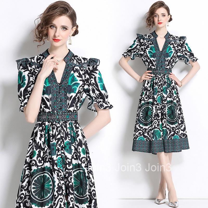 8751 Fashion Elegance Style Stand Collar Single-Breasted Printed Dress