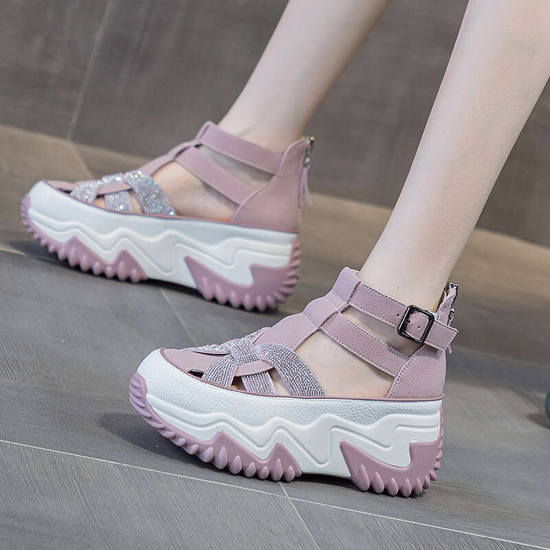 Women's Hidden Heel Sandals 2025 Summer Hollow Out Rhinestone Roman Sole Platform Versatile Closed-Toe Sports White Shoes