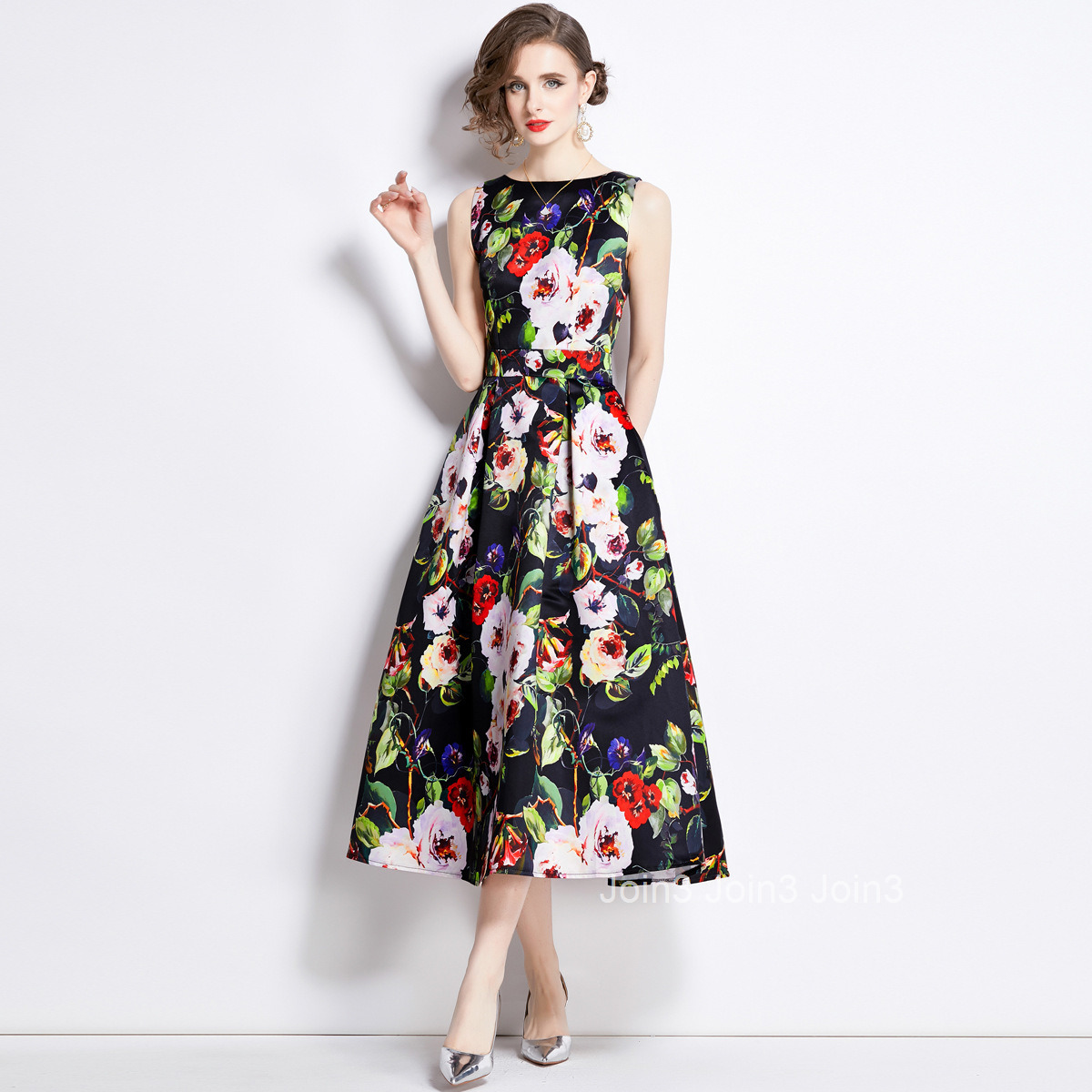 891 Summer New Womens Printed Sleeveless High Waist Dress Slim Waist Flared Long Dress
