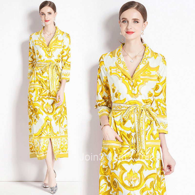 6068 Fashion Printed Loose Pocket Mid-Sleeve Blazer Collar Shirt Long Dress
