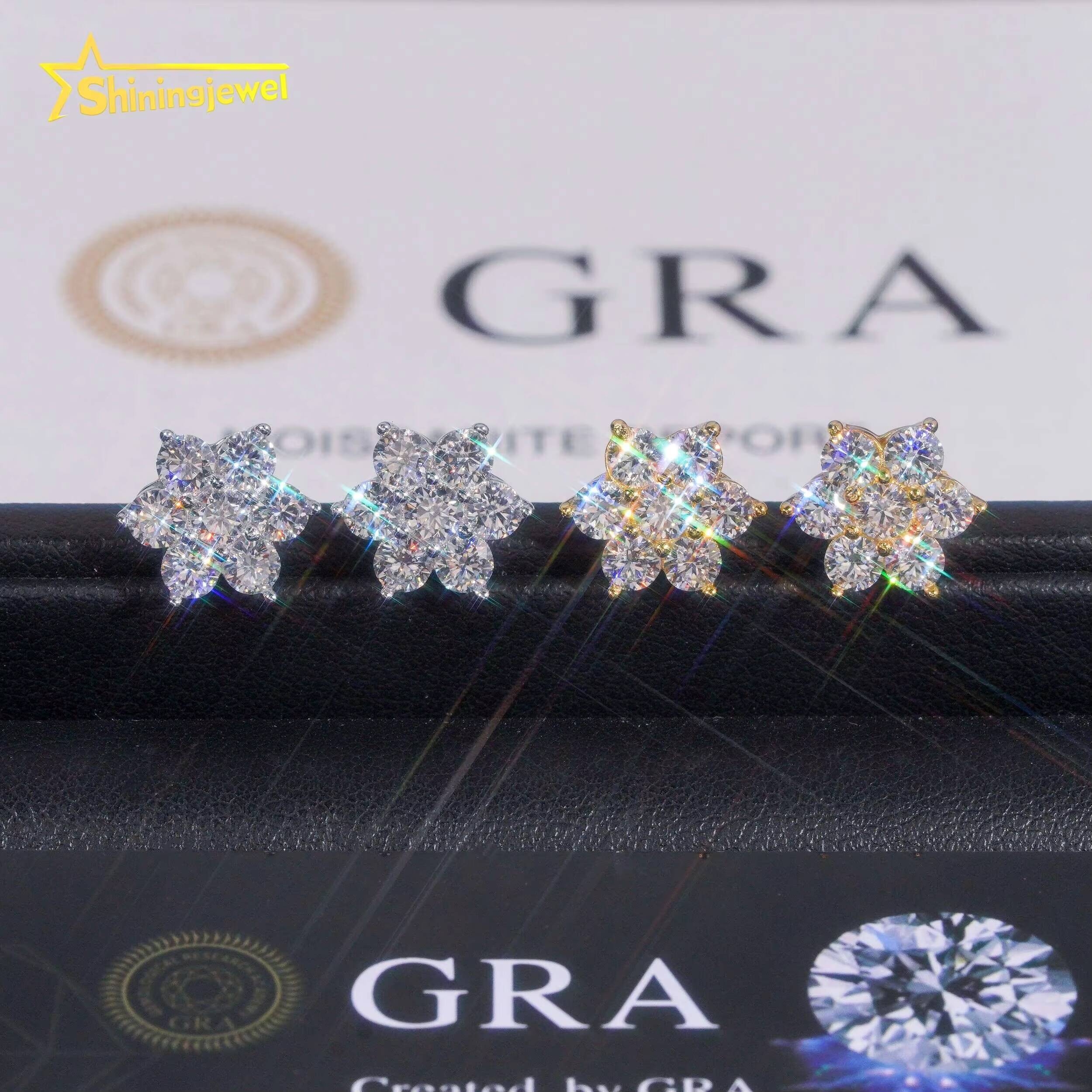 Hip Hop Mens Screw Back Cluster Snowflake 925 Sterling Silver Gold Plated Moissainte Stud Earrings