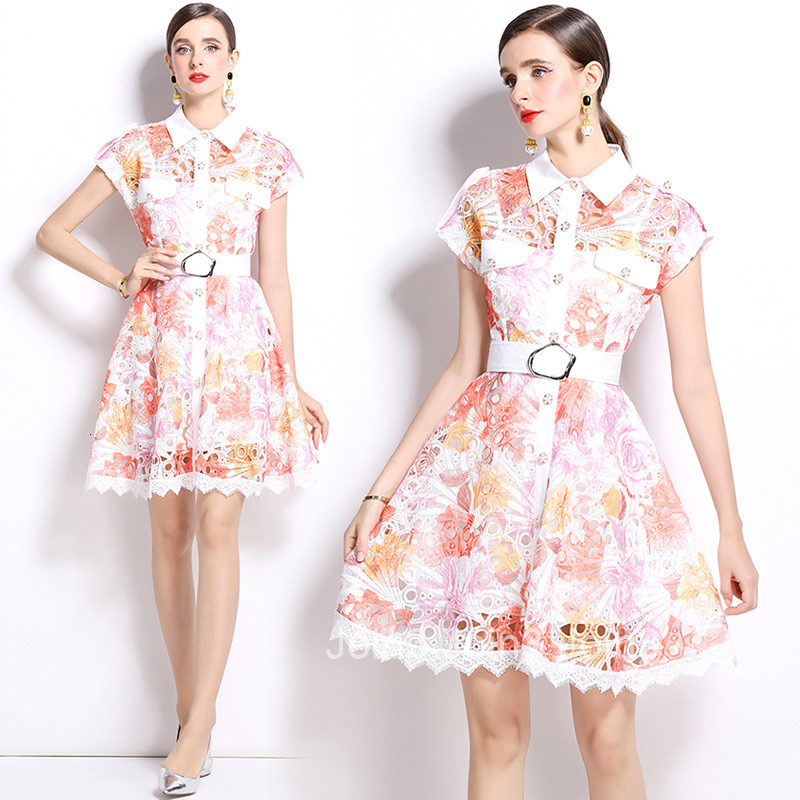 6972 Summer New French Style Turn-down Collar Heavy Embroidered Hollow Out Crochet Dress Waist-cinching Elegant Dress