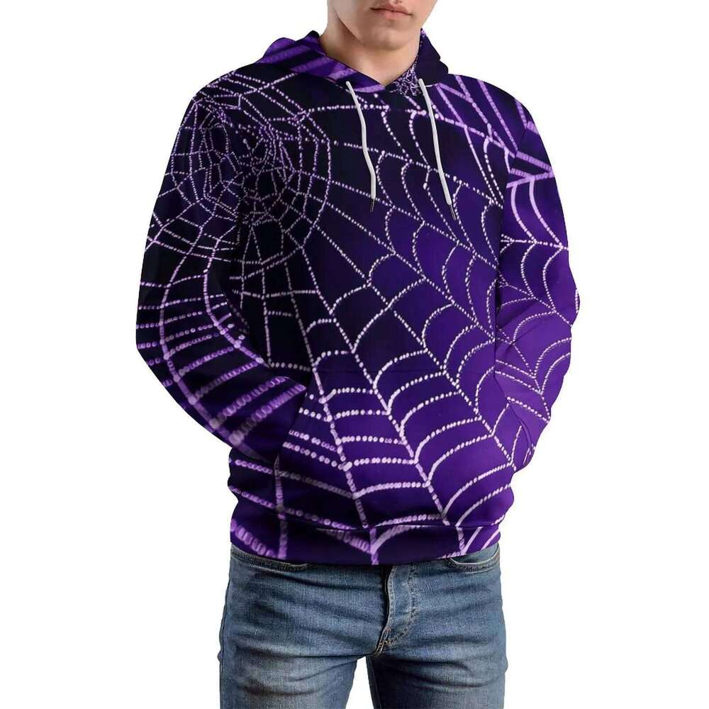 Halloween Loose Hoodies Purple Spider Web Aesthetic Hoodie Male Long Sleeve Oversized Streetwear Design Clothing