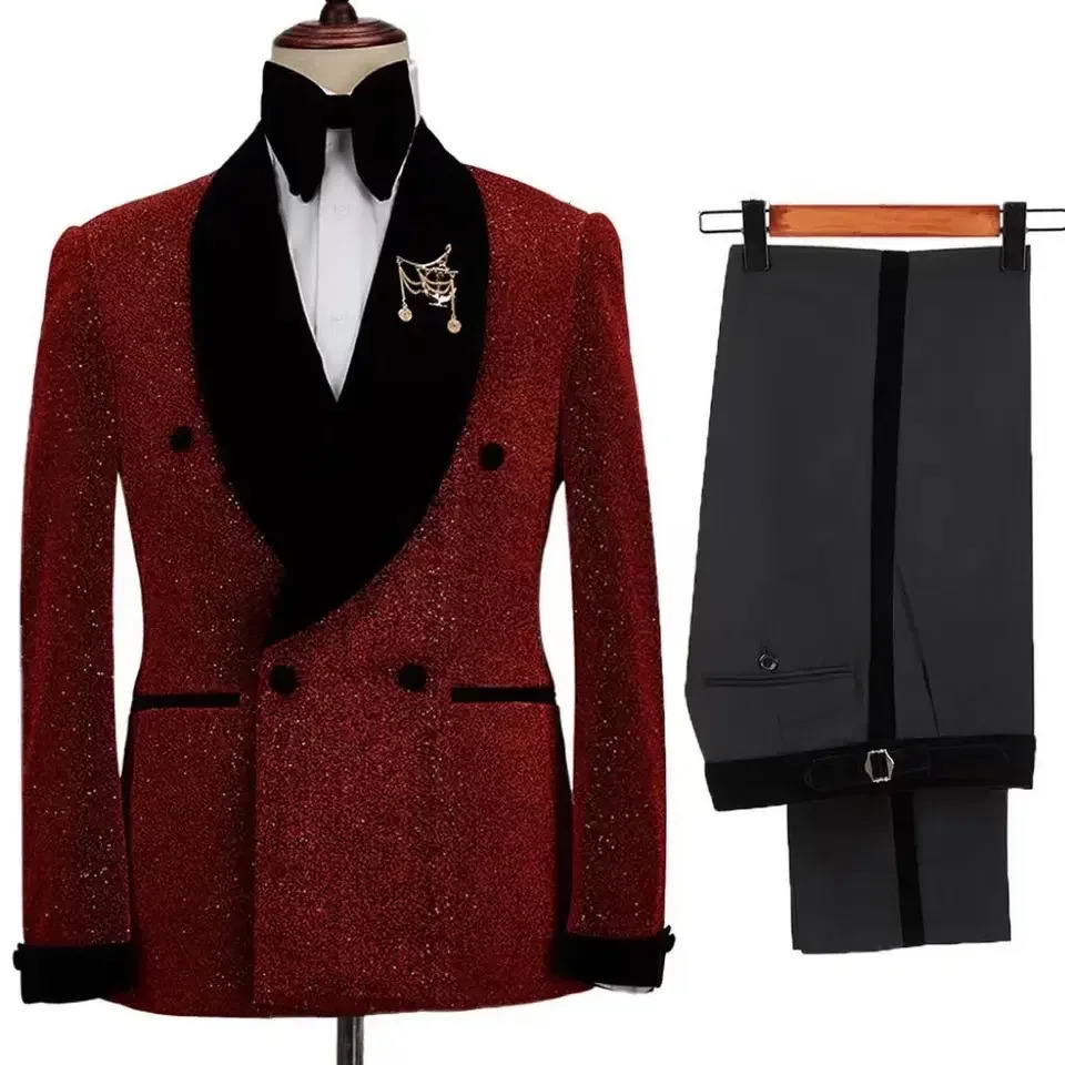 Men Suits 2 Pieces Shining Jacket With Black Pants Set Velvet Shawl Collar Wedding Groom Tuxedos Double Breasted Dress Costumes 250717