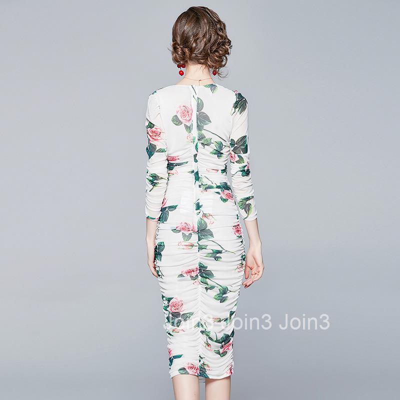 6147 Spring Summer Womens Mesh Printed Elegant Slim Fit Bodycon Sexy Three-quarter Sleeve Mid-length Dress