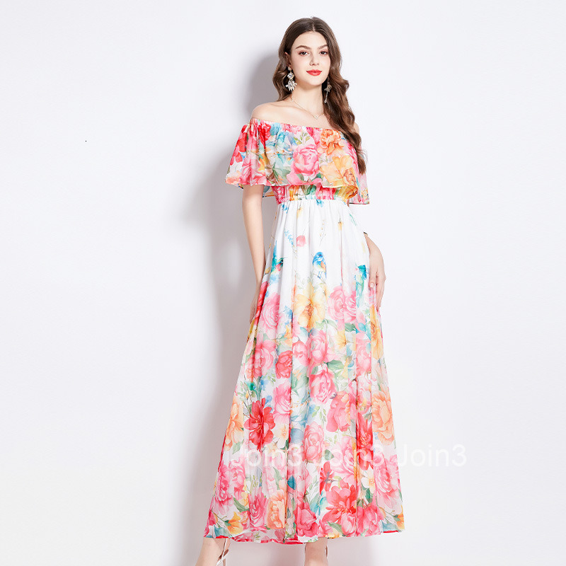 2534 Summer New Ruffled Off-Shoulder Waist-Cinching Flared Beach Dress with Slit Chiffon Long Dress