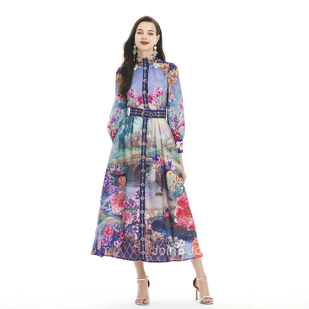 2081 autumn new womens clothing temperament painted print stand up collar single breasted waist cinched jumpsuit long skirt