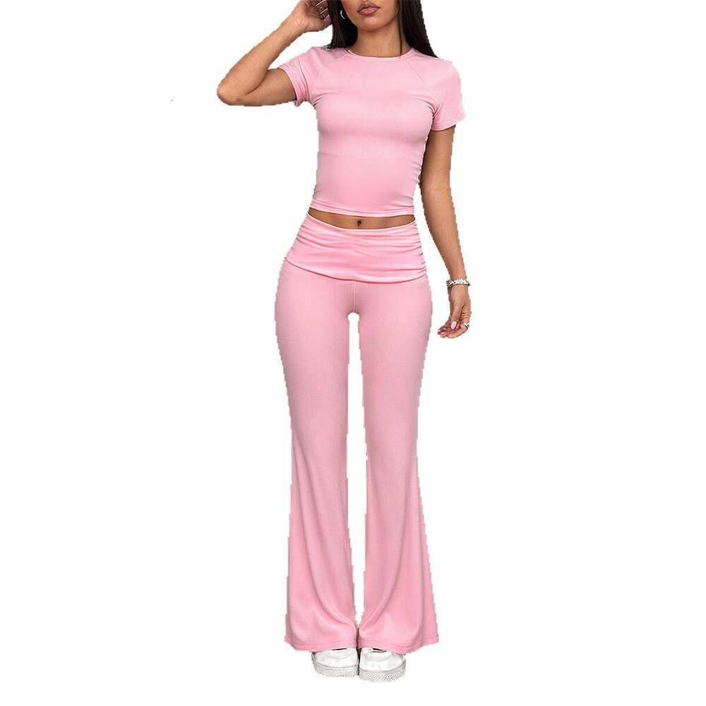 European and American Sports Hot Girl Style Solid Color Short Sleeve Wide Leg Long Pants Two-Piece Set Women's Clothing 2025 Spring Summer