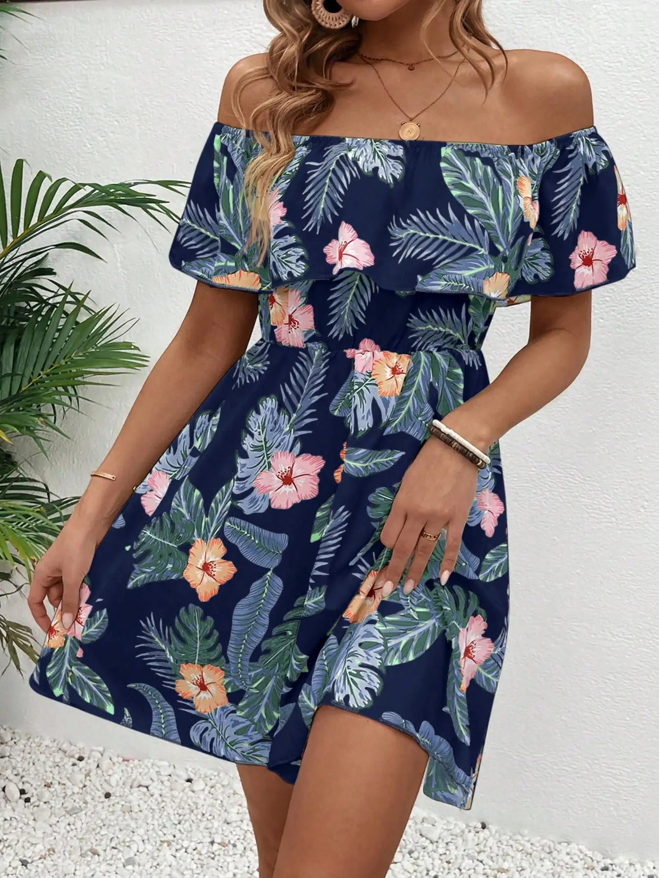 Elegant fashion womens dress line neck short sleeve ruffle full body print casual 250717