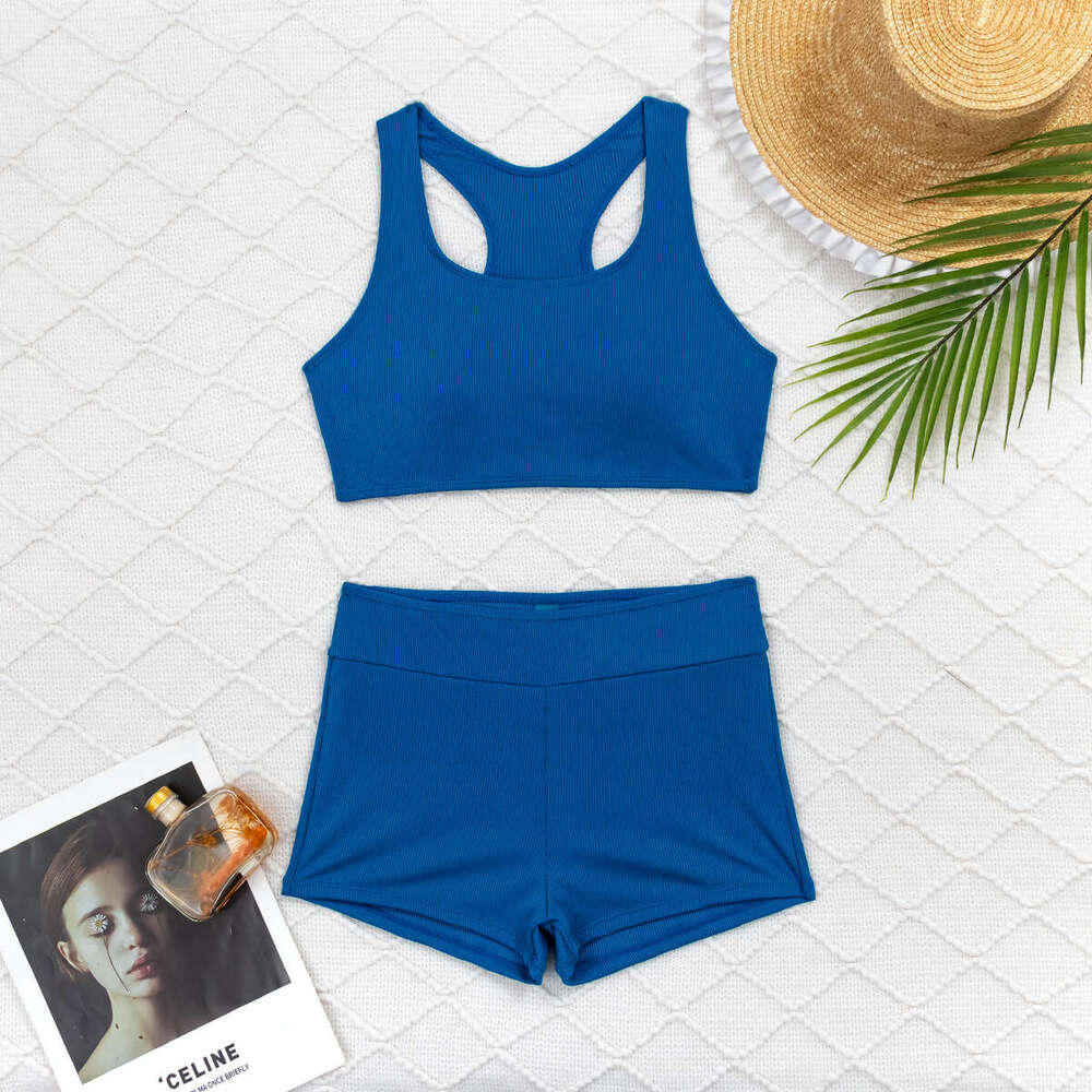 Women's Solid Color Small Ribbed Tank Top and Boyshorts Two-Piece Bikini Sports Swimsuit