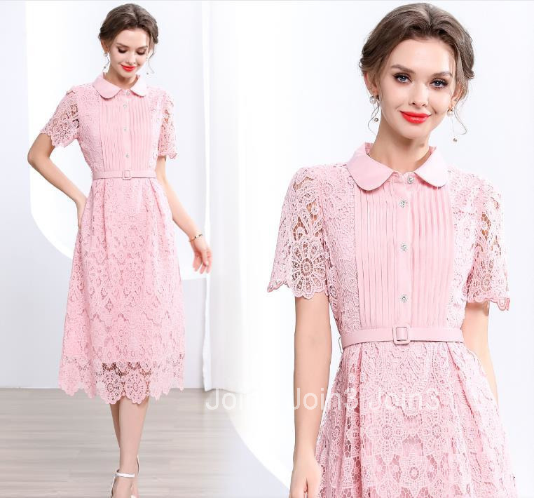 5868 Summer New Womens Long Dress Elegant Slim Waist Hollow Lace Dress