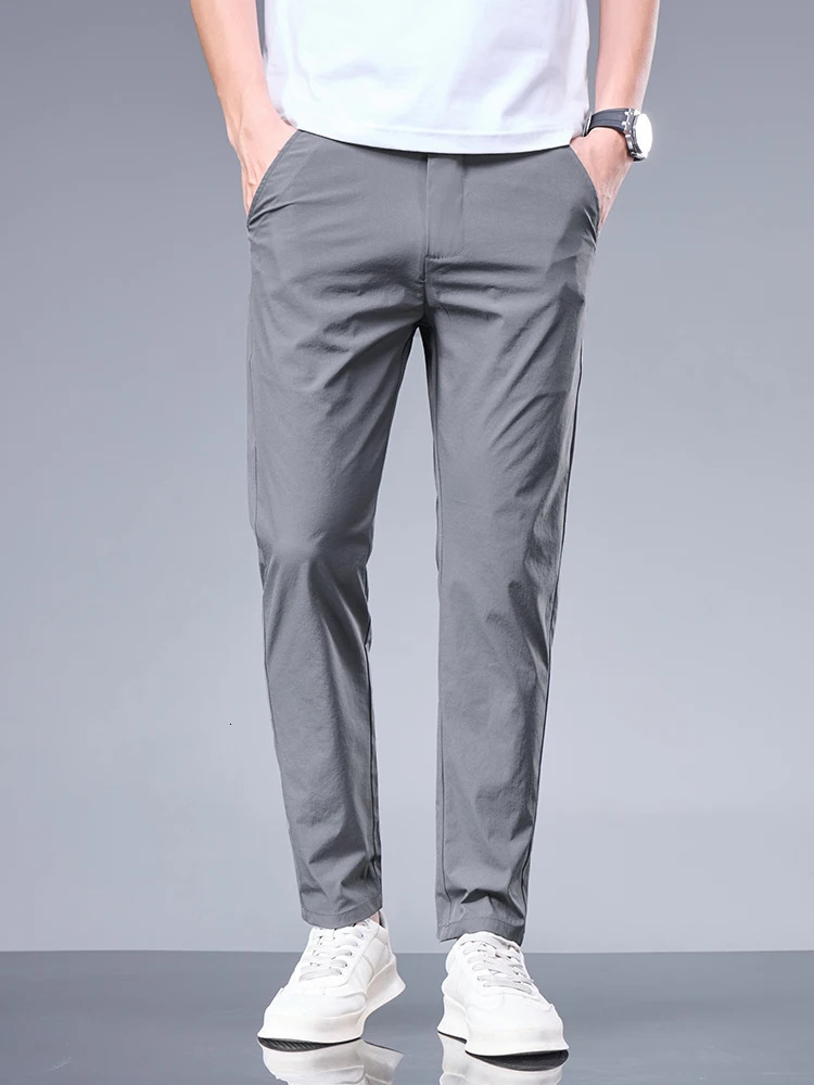 Summer Business Ice Silk Pants Straight Elastic Waist Black Gray Trousers Breathable Simple Male Clothing Casual Suit Pants 250717