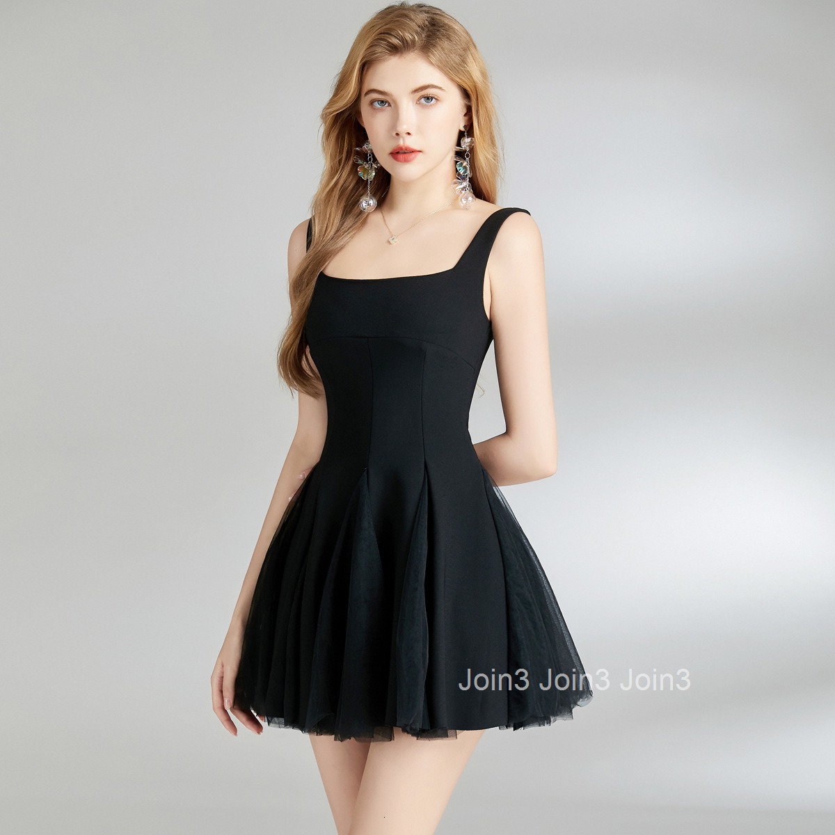 6851 Summer New Womens Fashion Elegant Fashion Solid Color Spaghetti Strap Slim Fit Mesh Puff Short Dress