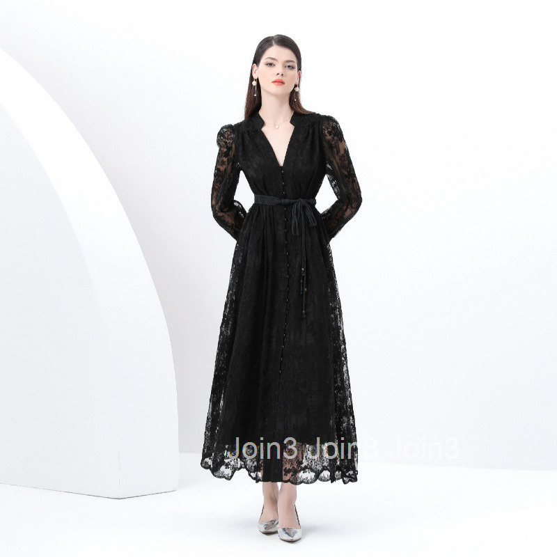 6280 Early Spring New Womens Elegance Style V-neck Lantern Sleeve Embroidered Large Hem Long Dress