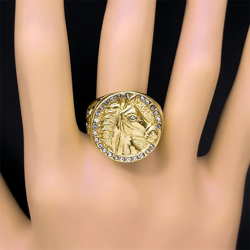 Hip Hop Punk Horse Head Ring for Women Men Stainless Steel Shiny Rhinestone Gold Color Horsehead Finger Rings Jewelry RRR541S03 250717