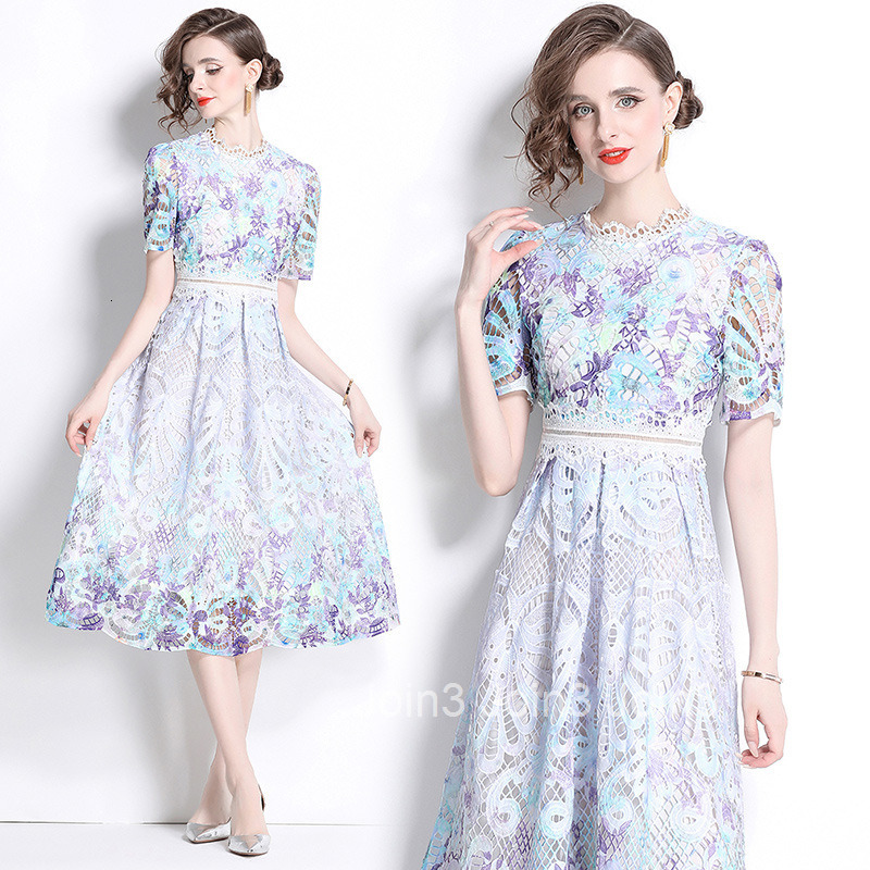 539 Summer New Womens Dress with Fashionable and Skinny Look Hollow out Water soluble Lace Printed Medium to Long Length Dress