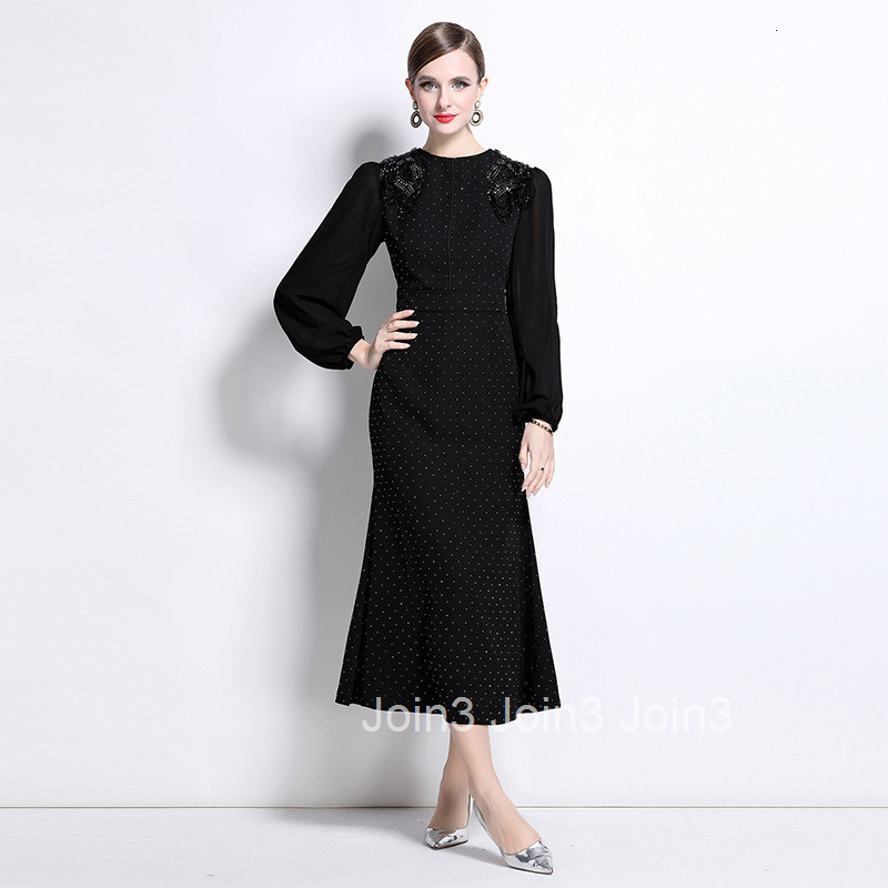 8801 New Elegant Heavy Rhinestone Round Neck Lantern Sleeve Long Dress