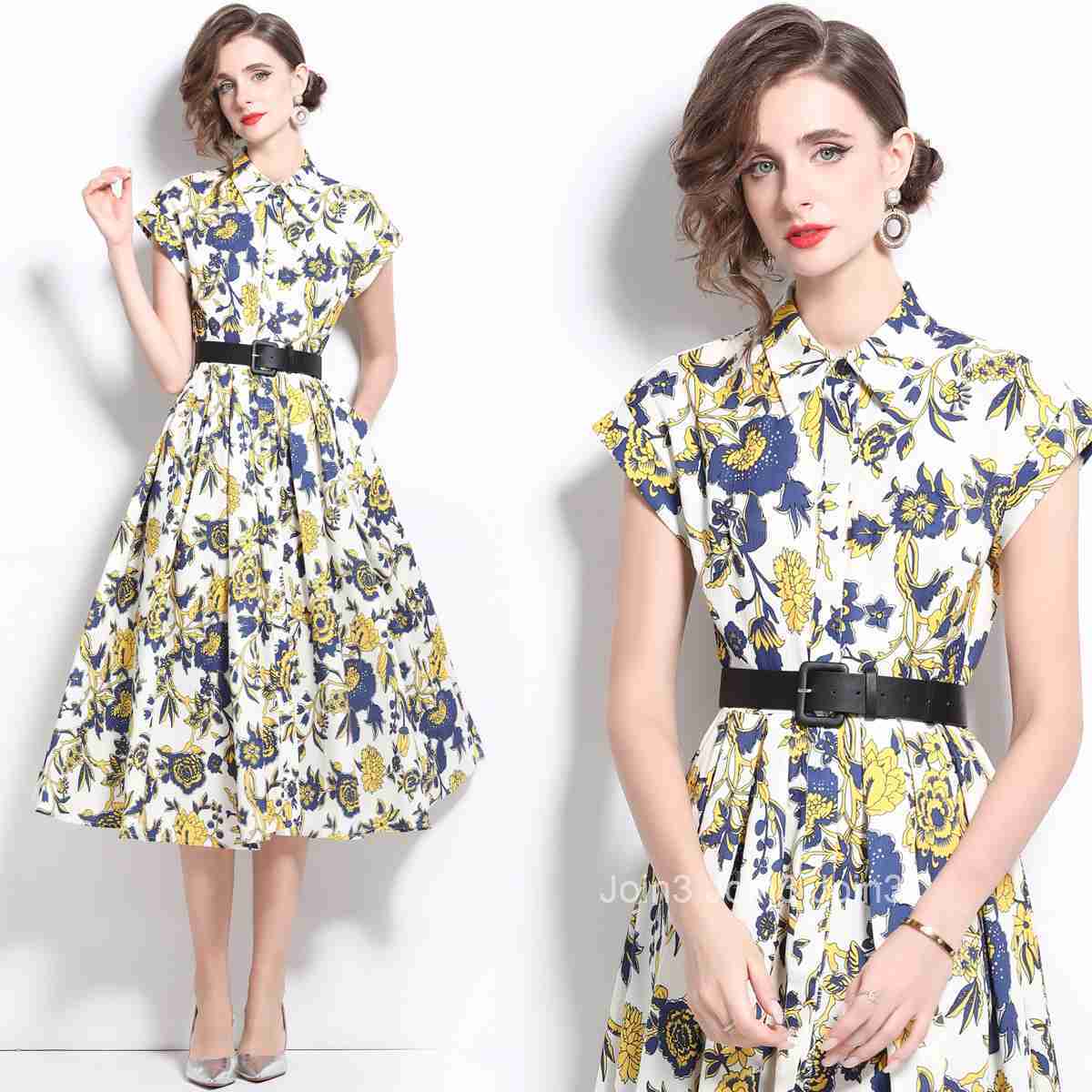 1664 Summer New Womens Printed Turn-Down Collar Short Sleeve Slim Mid-Length Dress with Belt