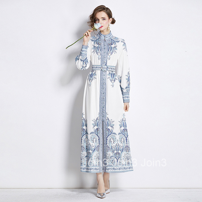 8746 Fashion Elegance Style Stand Collar Single-Breasted Printed Dress