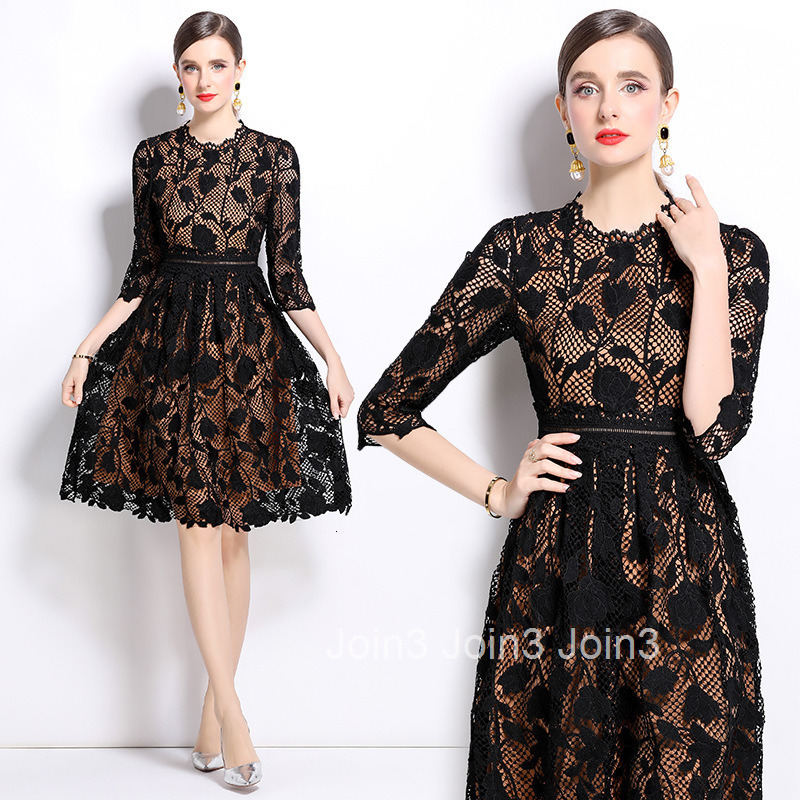 561 Autumn New Womens Fashion Mid-Length Sleeve Slimming Hollow Out Water-Soluble Lace Mid-Length Dress