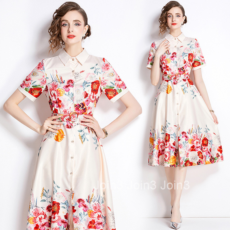 6051 Summer New Womens Fashion Printed Waist-Cinching Turn-Down Collar Short Sleeve Dress (With Belt)